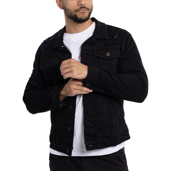 Mens Jet Black Denim Jacket Washed Ripped Distressed Stretch Casual Trucker - Picture 6 of 9